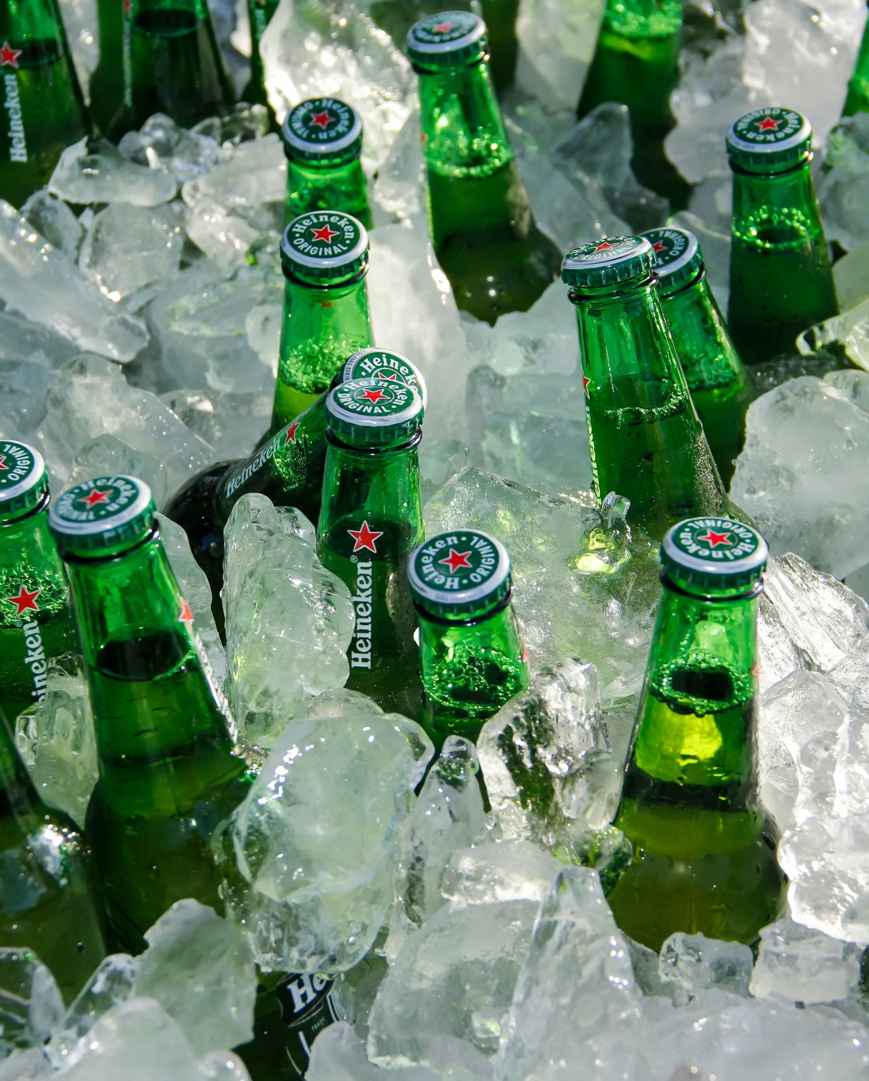 Dozens of Heineken bottles stashed in ice.