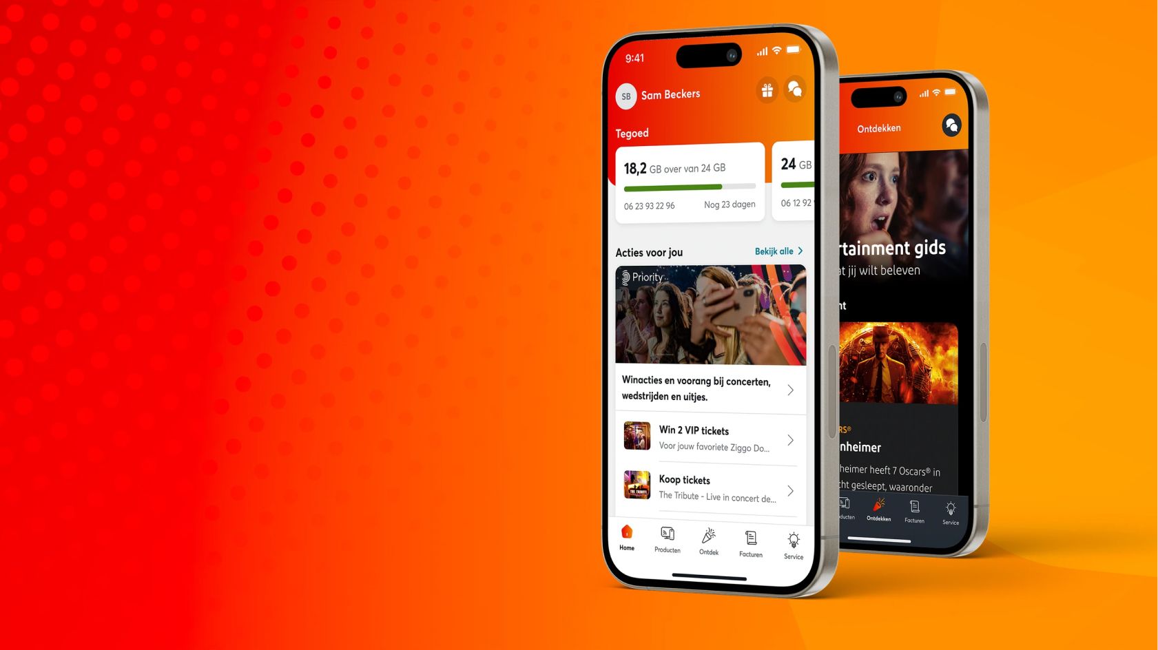 Two mobile phones displaying the home screen and discovery screen of VodafoneZiggo's mobile app.