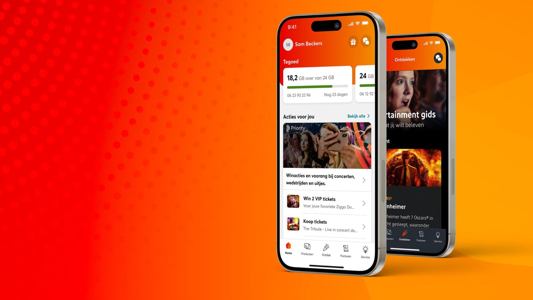 Two mobile phones displaying the home screen and discovery screen of VodafoneZiggo's mobile app.