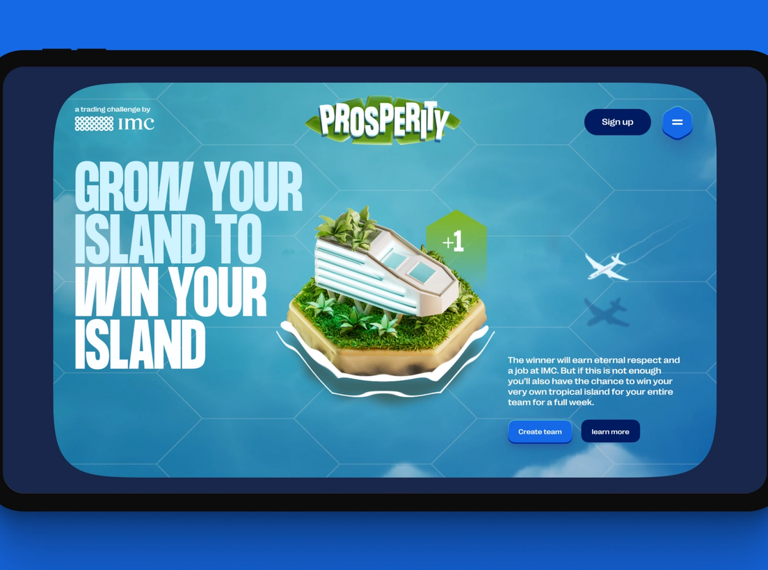 A tablet displaying a island of IMC Prosperity with the copy 'Grow your island to win your island'.