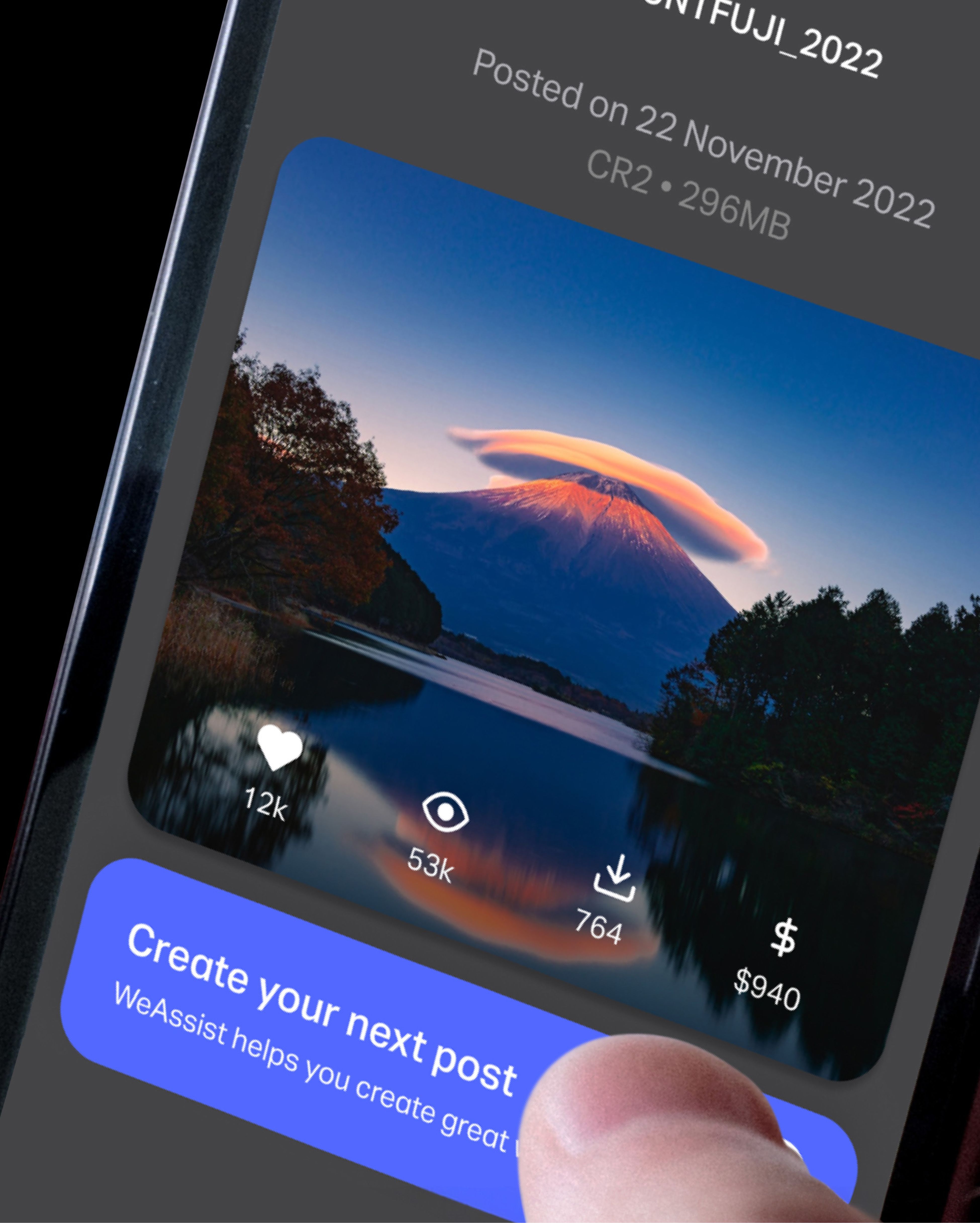 A thumb clicking a mobile app button displaying 'Create your next post'.