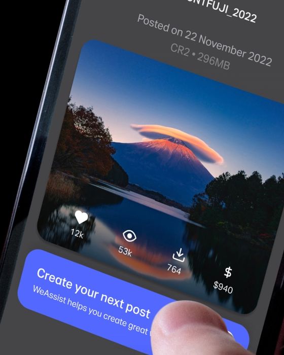 A thumb clicking a mobile app button displaying 'Create your next post'.