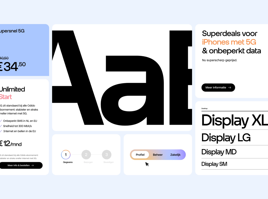 The design system of Odido. Consisting of brand color palette, typography and imagery.