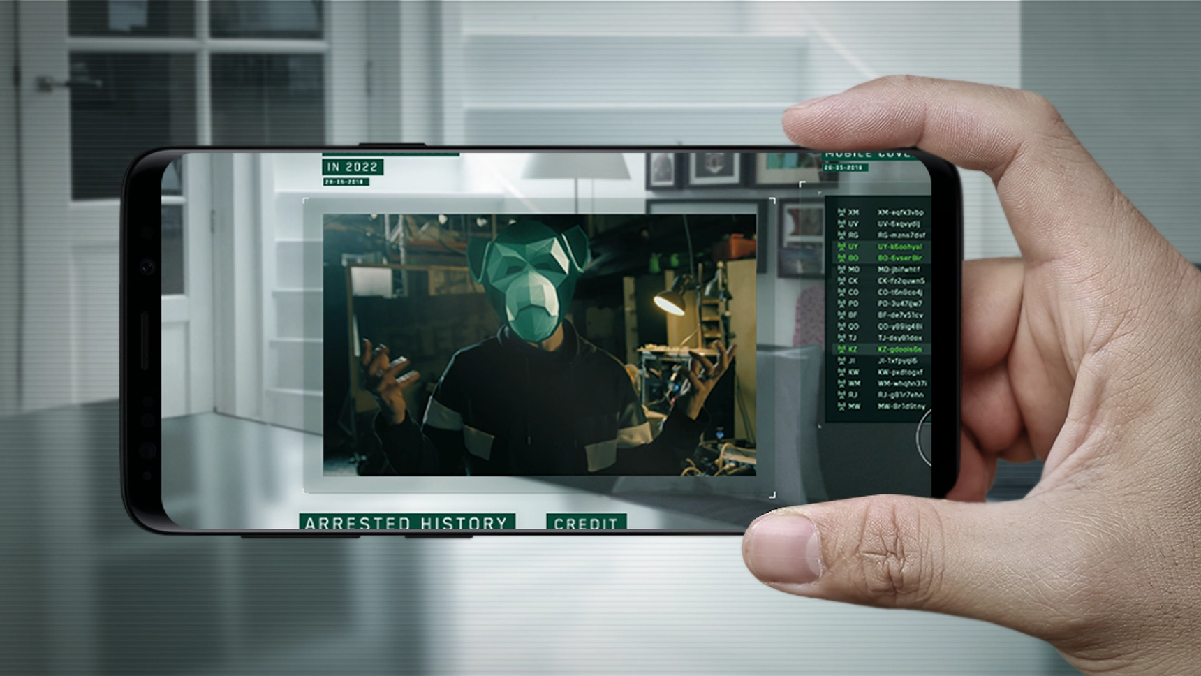A hand holding a mobile phone. The screen displays ABN Amro's The Lockdown escape room.