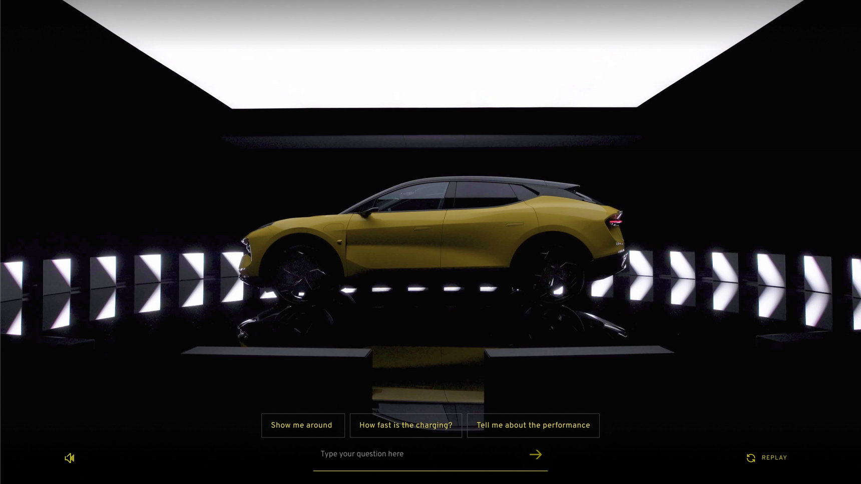 A Lotus electric vehicle in a modern and luxury showroom setting.