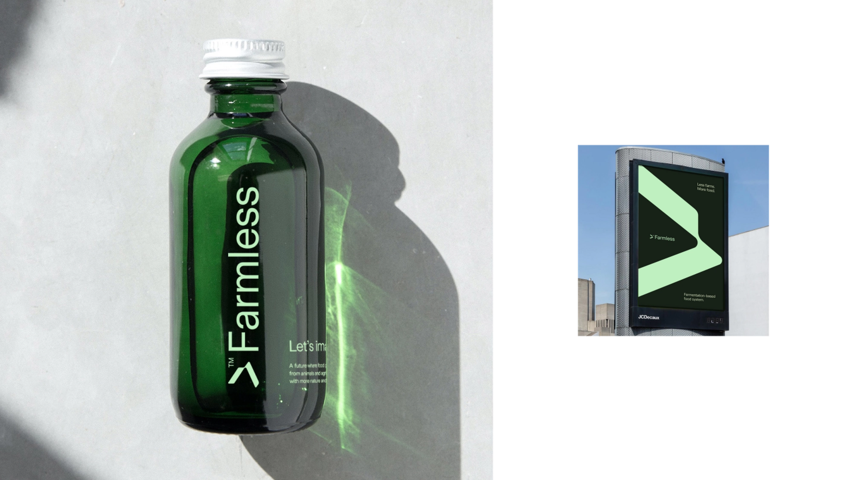 A glass bottle with the Farmless logo inscripted and a billboard advertorial.