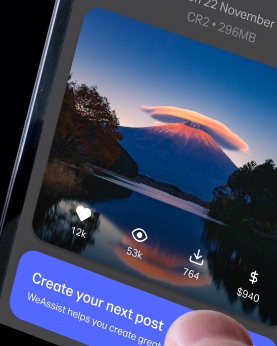 A thumb clicking a mobile app button displaying 'Create your next post'.