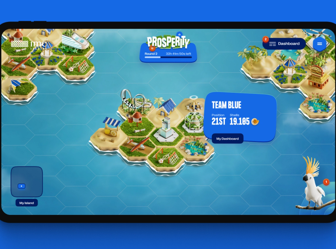 A tablet displaying a island of IMC Prosperity with the copy 'Team Blue, 21st, 19.185 coins'.