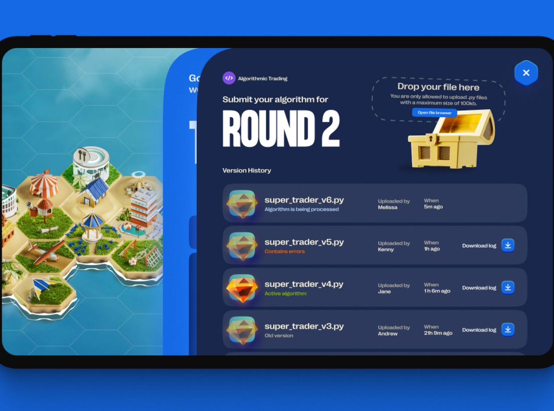 A tablet displaying a leaderboard of IMC Prosperity with the copy 'Round 2'.