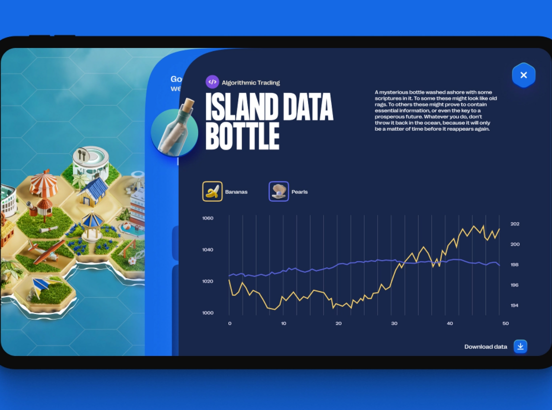 A tablet displaying a data dashboard of IMC Prosperity with the copy Island Data Bottle.