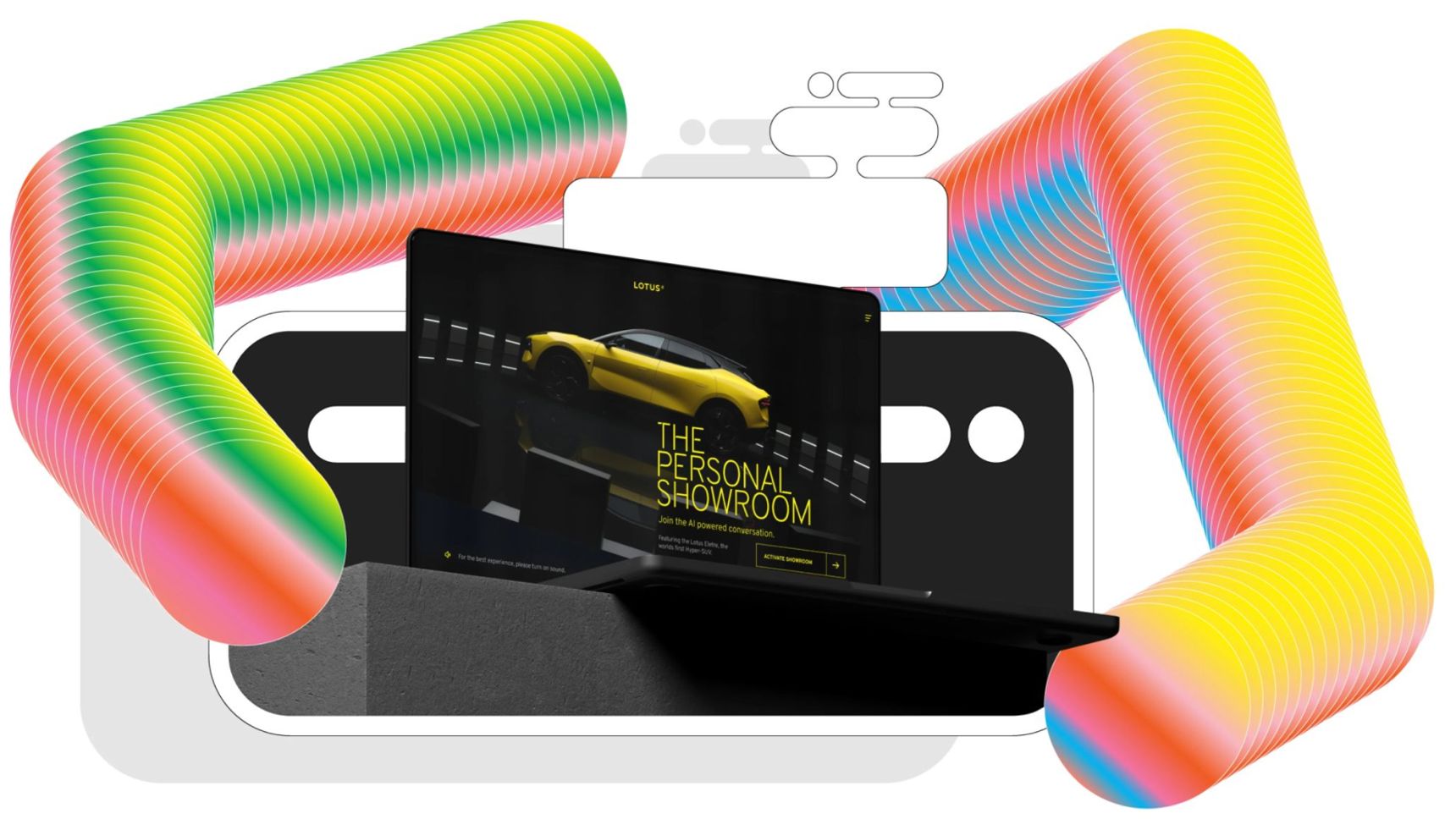 An opened laptop displaying the Lotus Personal Showroom, surrounded by Fast Company award branding.