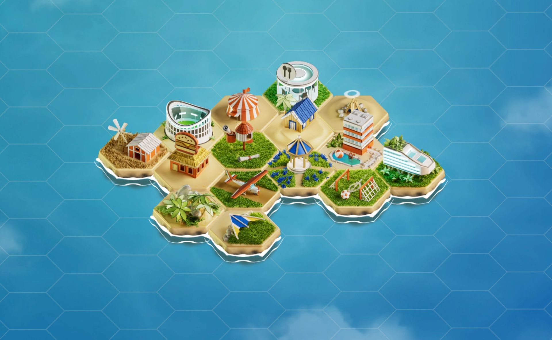 Drawing of an island consisting of hexacons which are built with tropical structures and items.