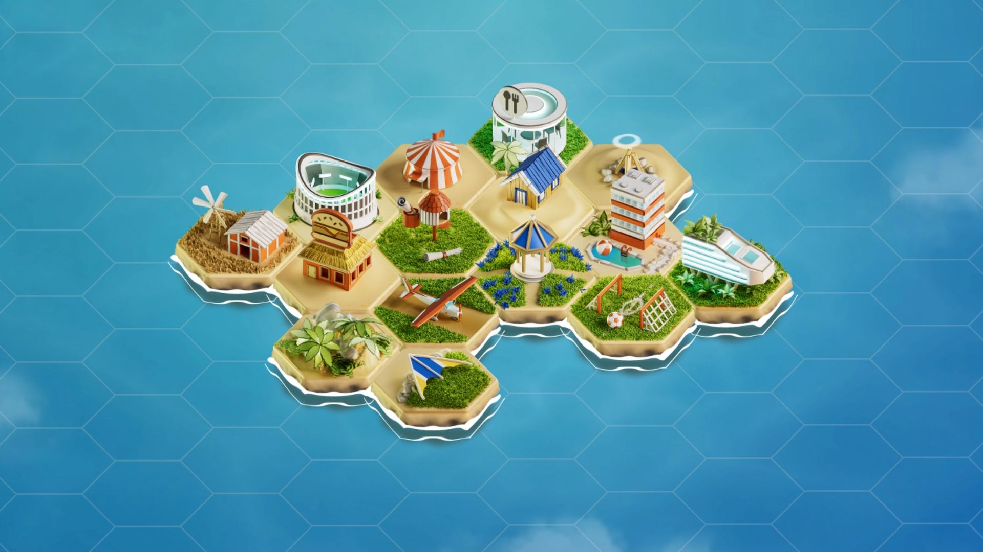 Drawing of an island consisting of hexacons which are built with tropical structures and items.