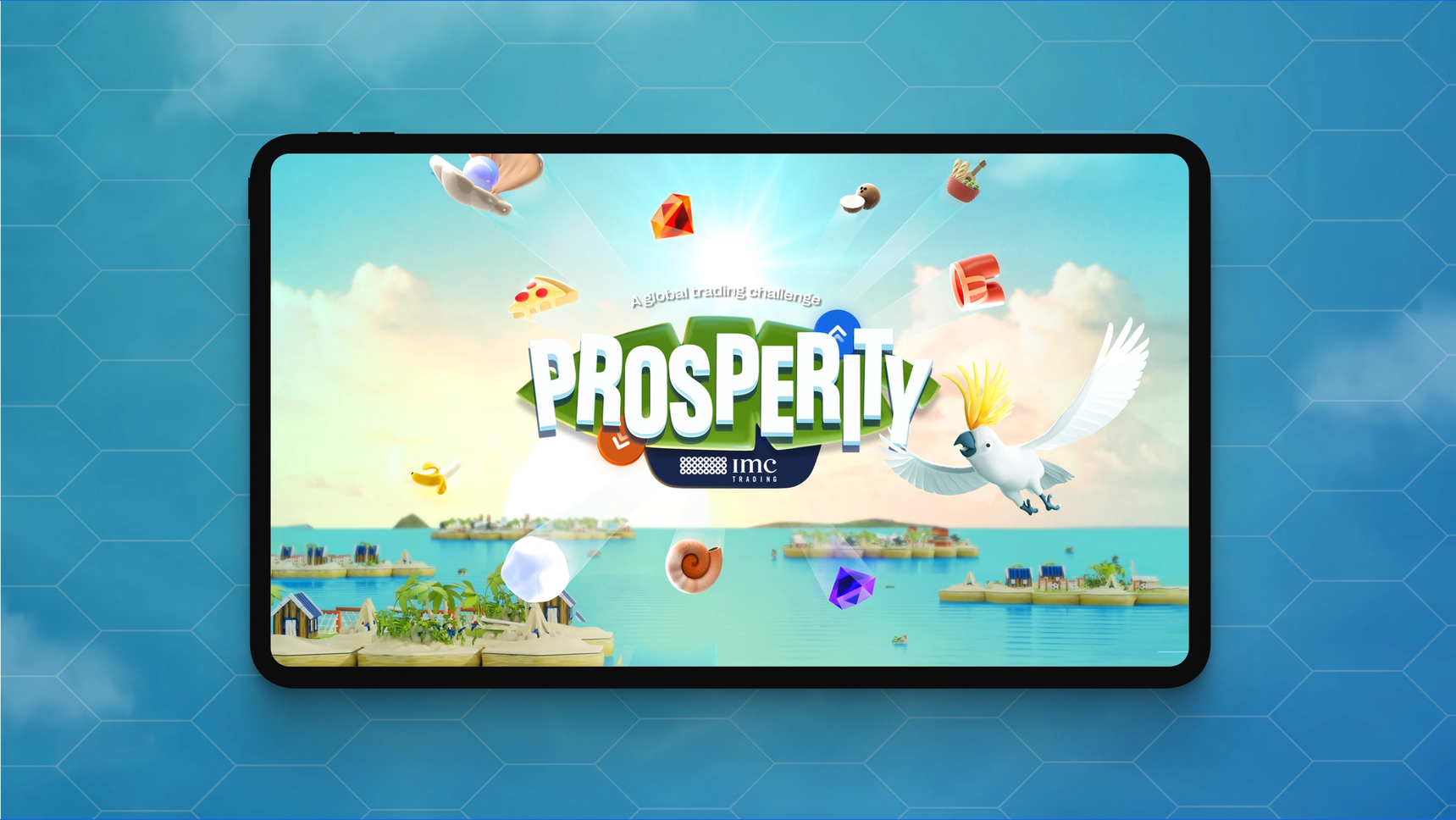 A tablet displaying the IMC Prosperity welcome screen, with a lot of drawn branded elements.