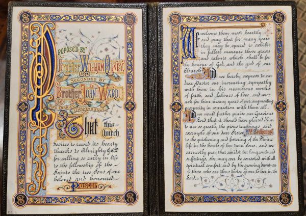 A commemoration given to Spurgeon from his church on the occasion of his sons' baptism. Housed at the Spurgeon Library