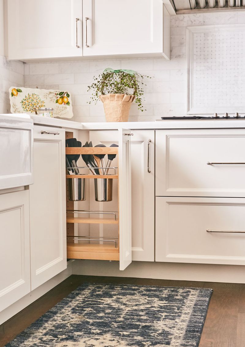 A bright white kitchen corner featuring an open pull-out cabinet organizer storing cooking utensils in stainless steel canisters, surrounded by white inset cabinetry with brushed nickel hardware and a marble tile backsplash.