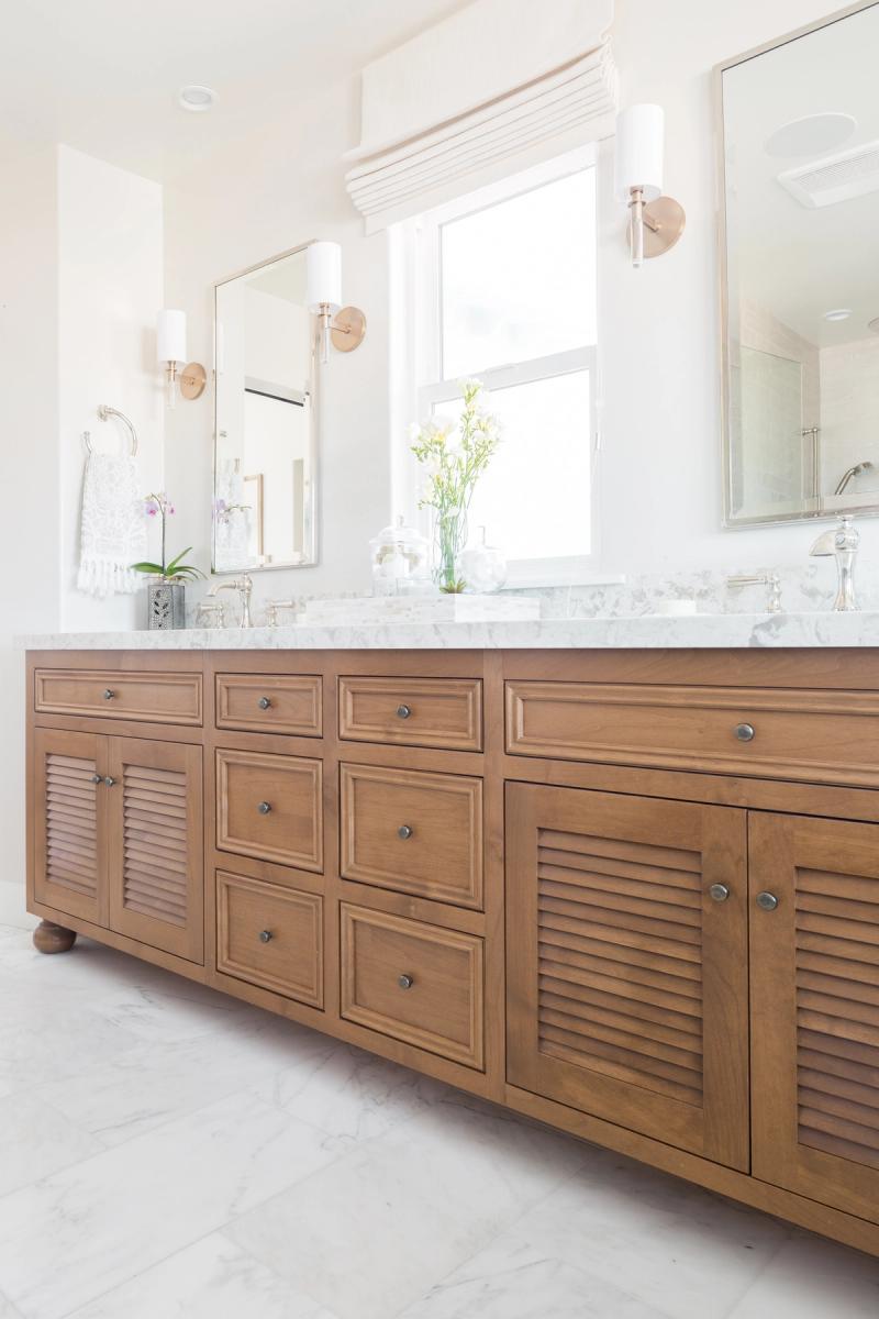 Cherry vanity cabinet inset face frame with louvered doors