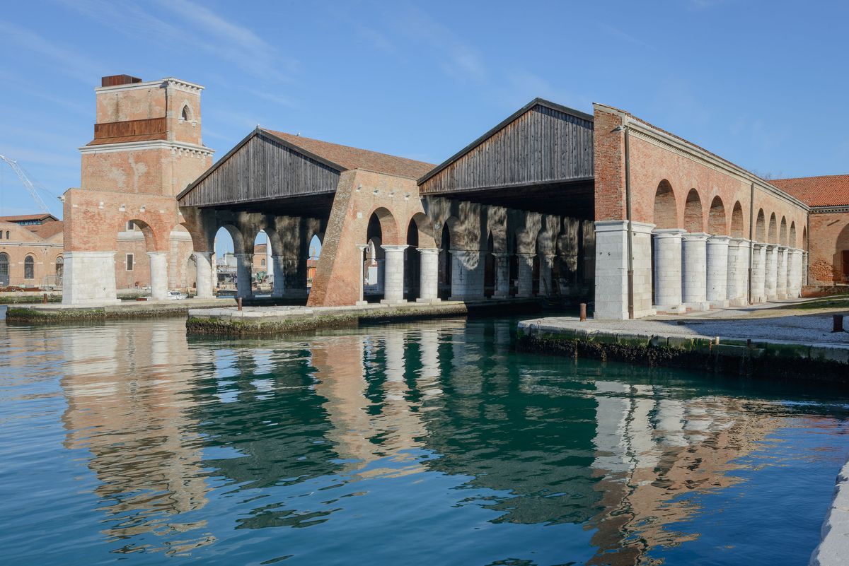 Overview of the Arsenale exhibition halls at the 18th Venice Architecture Biennale, 2023.