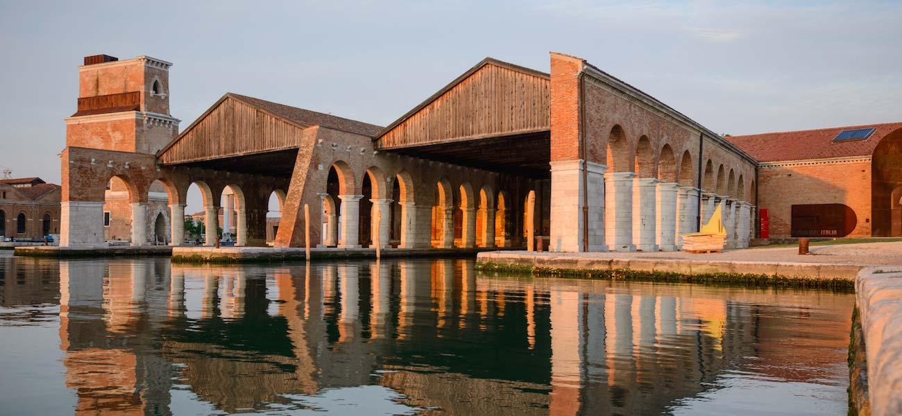 Interior of the Arsenale in Venice, the long brick-vaulted hall used by La Biennale di Venezia for its main exhibition.