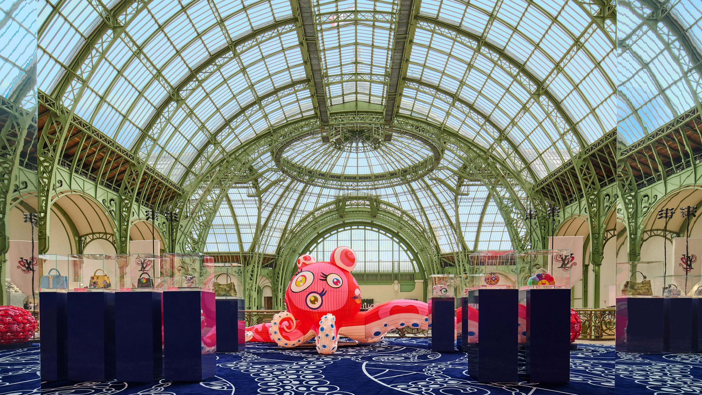 Takashi Murakami's eight-metre inflatable octopus for Louis Vuitton, installed at the Grand Palais during Art Basel Paris 2025.