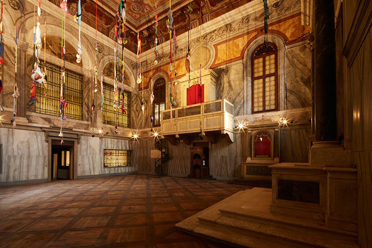 Sonia Gomes's suspended fabric sculpture installed inside the Casa di Reclusione Femminile at the Holy See pavilion, Venice Biennale 2024.