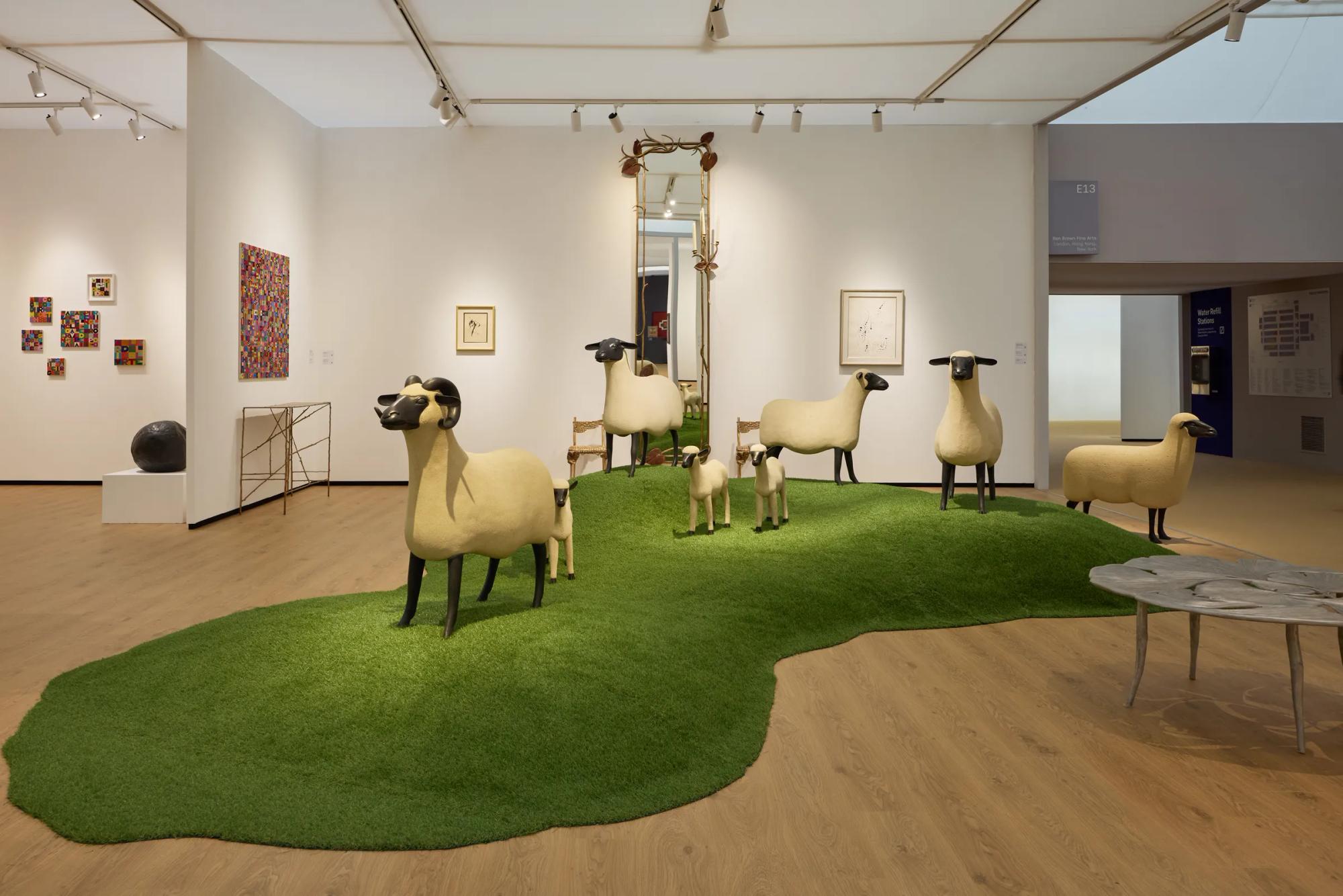 Ben Brown Fine Arts' Frieze Masters 2025 booth with François-Xavier Lalanne sheep on a turfed floor.