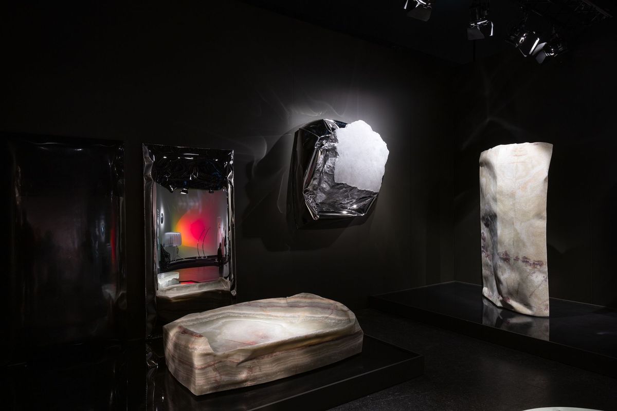 Objects with Narratives booth showing Ben Storms' experimental works at Design Miami/ Basel 2024.