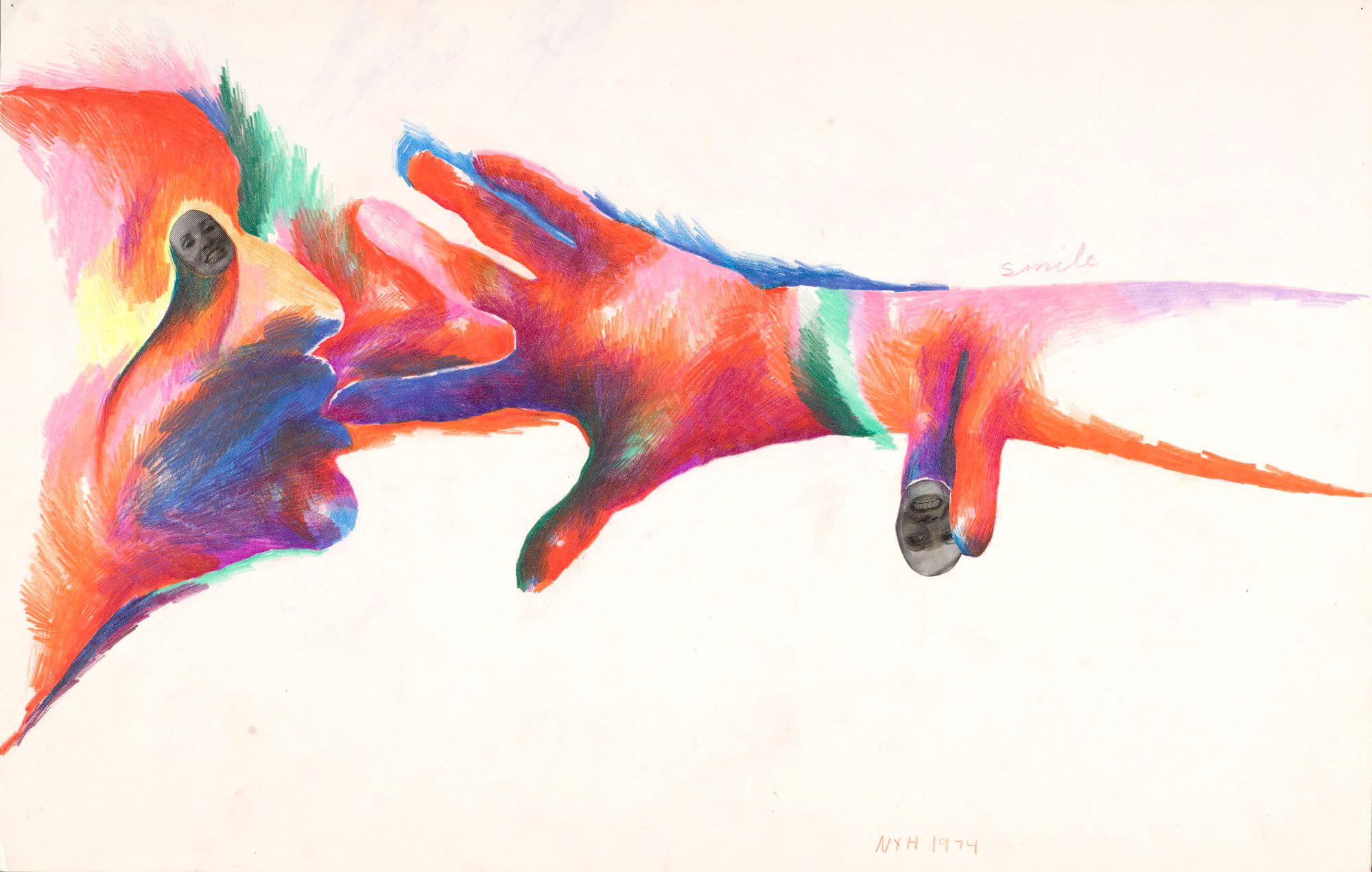 Marisol's untitled 1974 drawing of interlocking hands in coloured pencil, with small collaged photographs of faces.