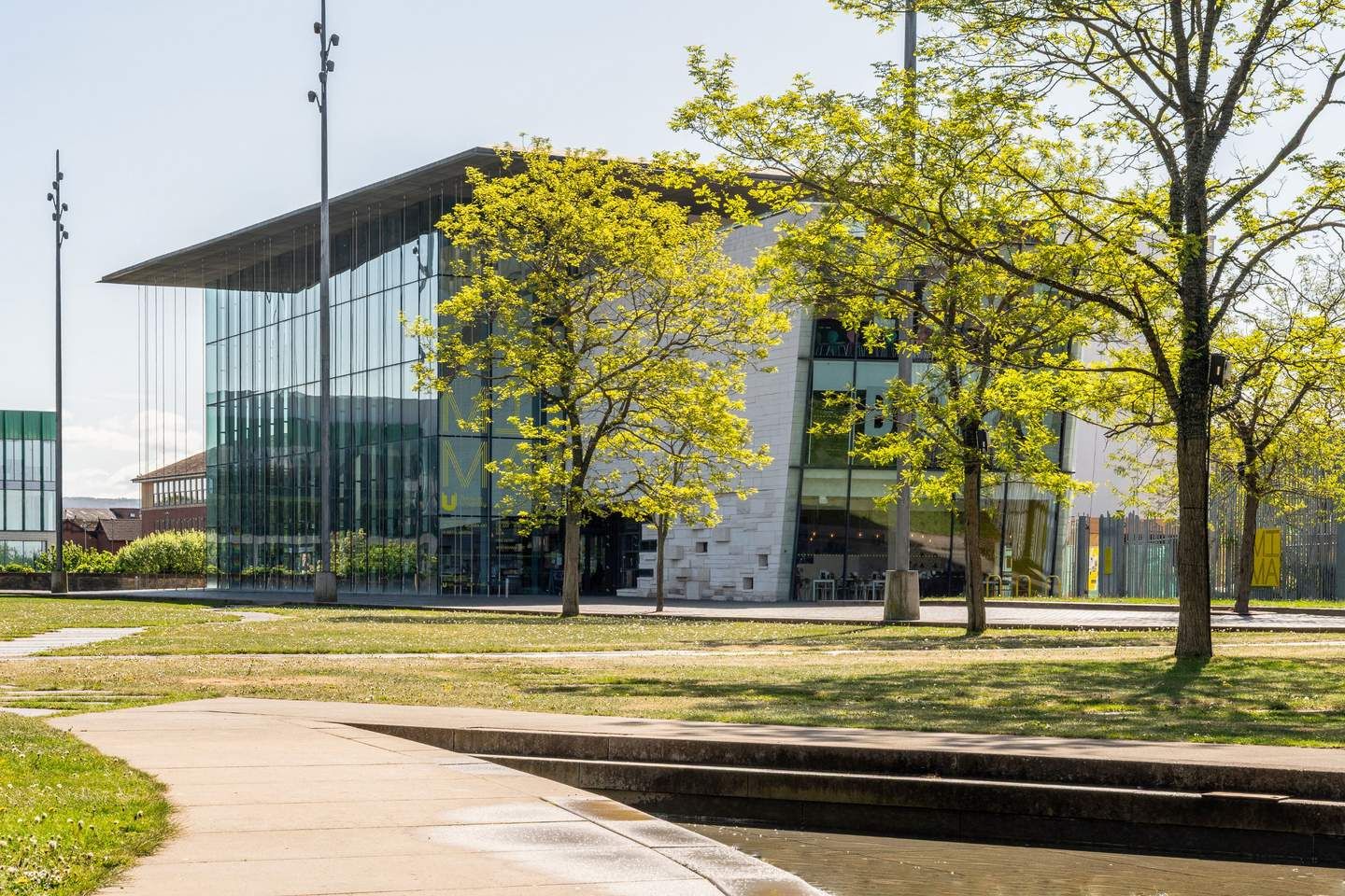 The glass and steel facade of MIMA on Centre Square in Middlesbrough.