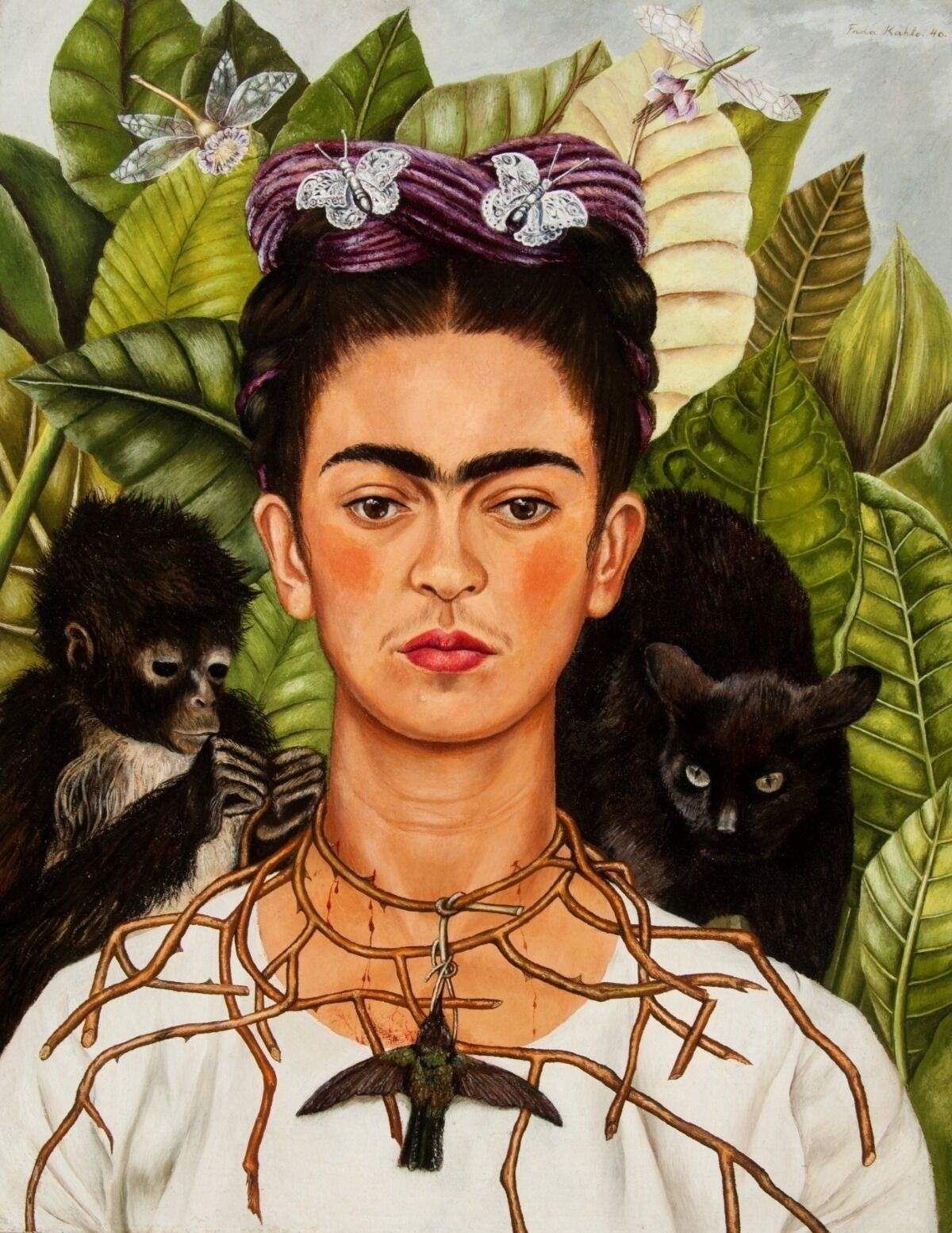 Frida Kahlo, Self-portrait with thorn necklace and hummingbird, 1940, oil on canvas mounted to board.
