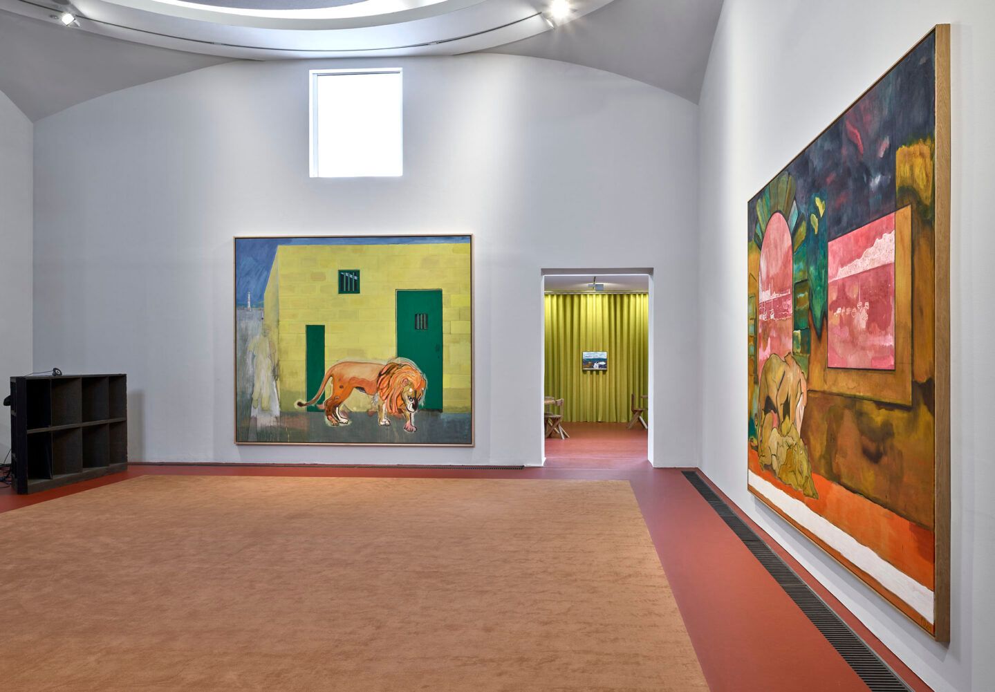 Installation view of Peter Doig, House of Music, Serpentine South, London, 2025, with paintings hung opposite restored analogue cinema speakers.