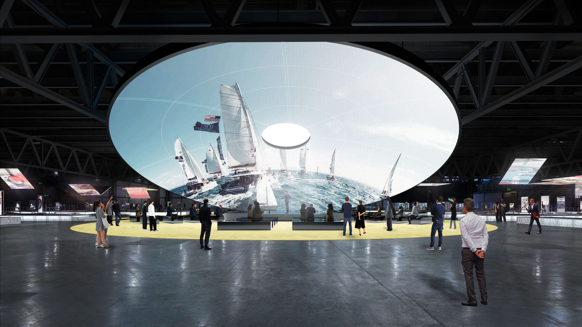 Render of OMA's Salone Contract masterplan: a large oval LED dome over a circular stage in a Fiera Milano Rho hall, with visitors gathered around.