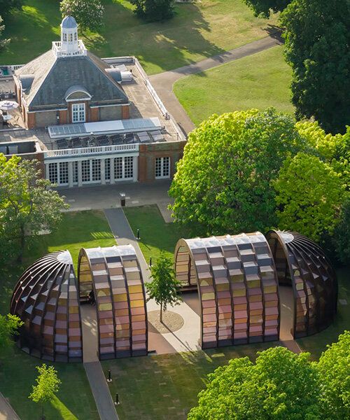 Marina Tabassum's Serpentine Pavilion 2025, wooden capsule forms with translucent facades in Kensington Gardens.