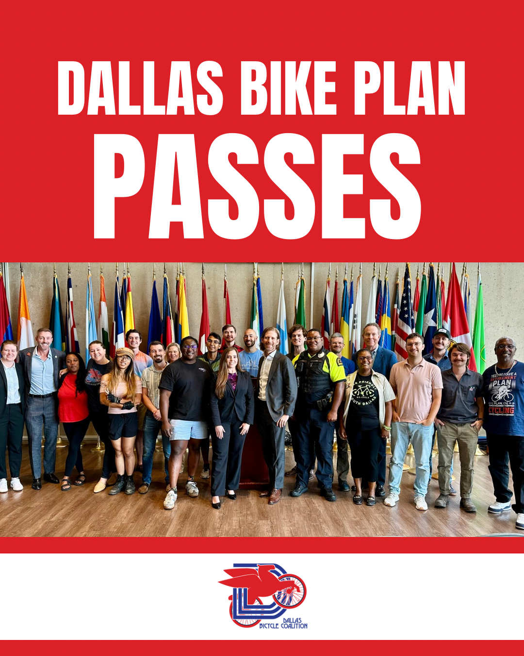 photo of advocates gathered after Dallas Bike Plan passes City Council