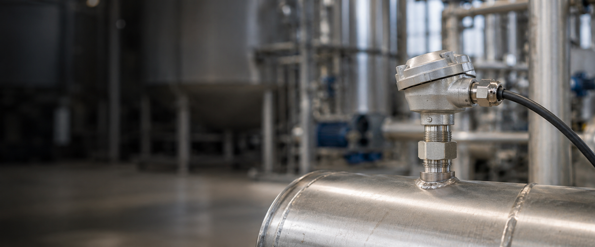 AI-generated photographic illustration of a temperature probe connection head mounted on a stainless-steel process pipe in an industrial plant.