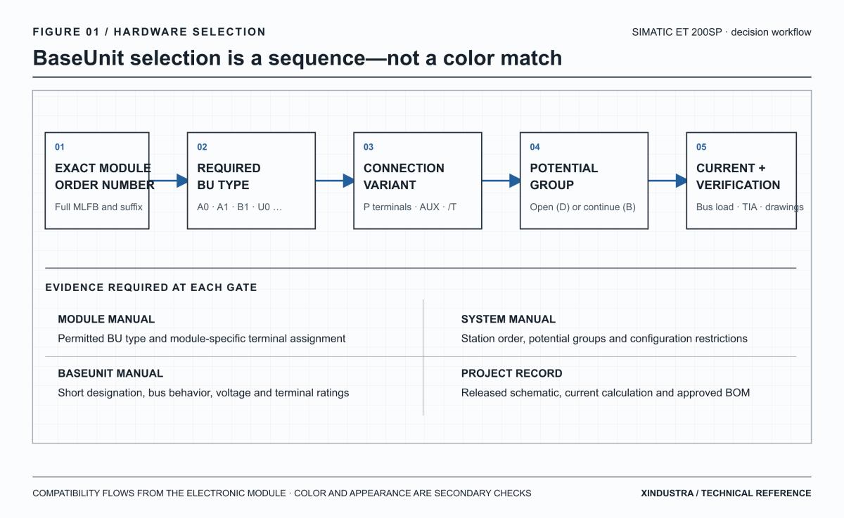 Engineering workflow for selecting a Siemens ET 200SP BaseUnit from the exact I/O module, required BU type, terminal arrangement, potential group, AUX requirements and current budget