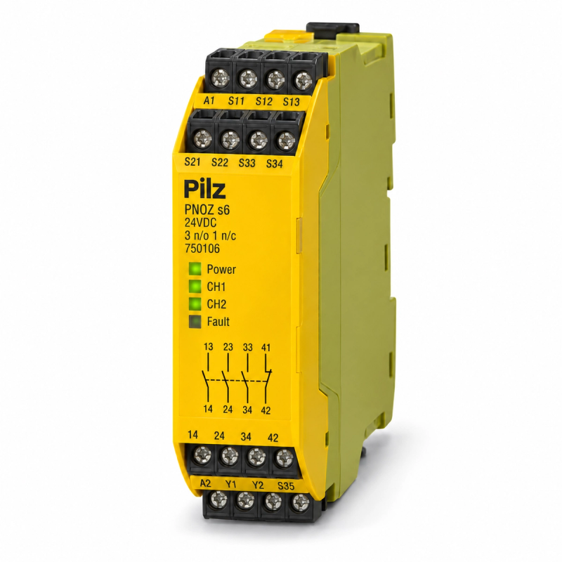Pilz PNOZ s6 24VDC 3 n/o 1 n/c safety relay, product ID 750106