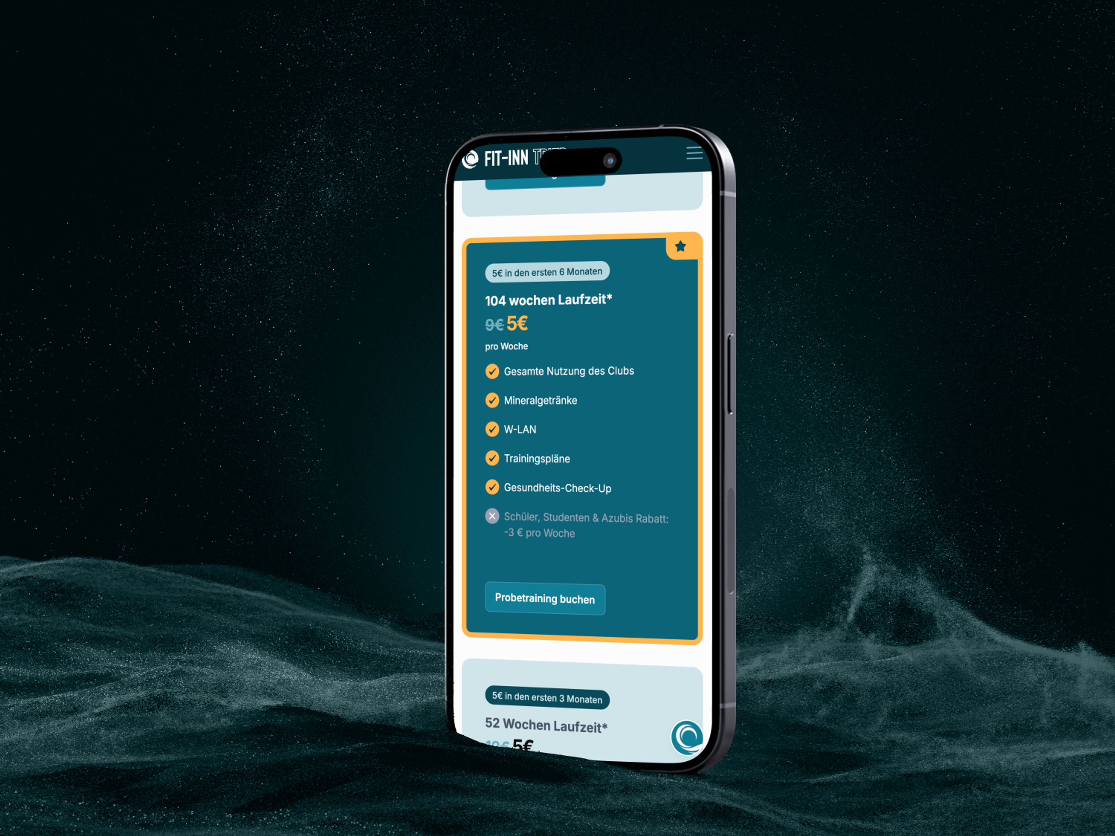 На смартфоне отображается предложение фитнес-приложения с различными вариантами членства и ценами.