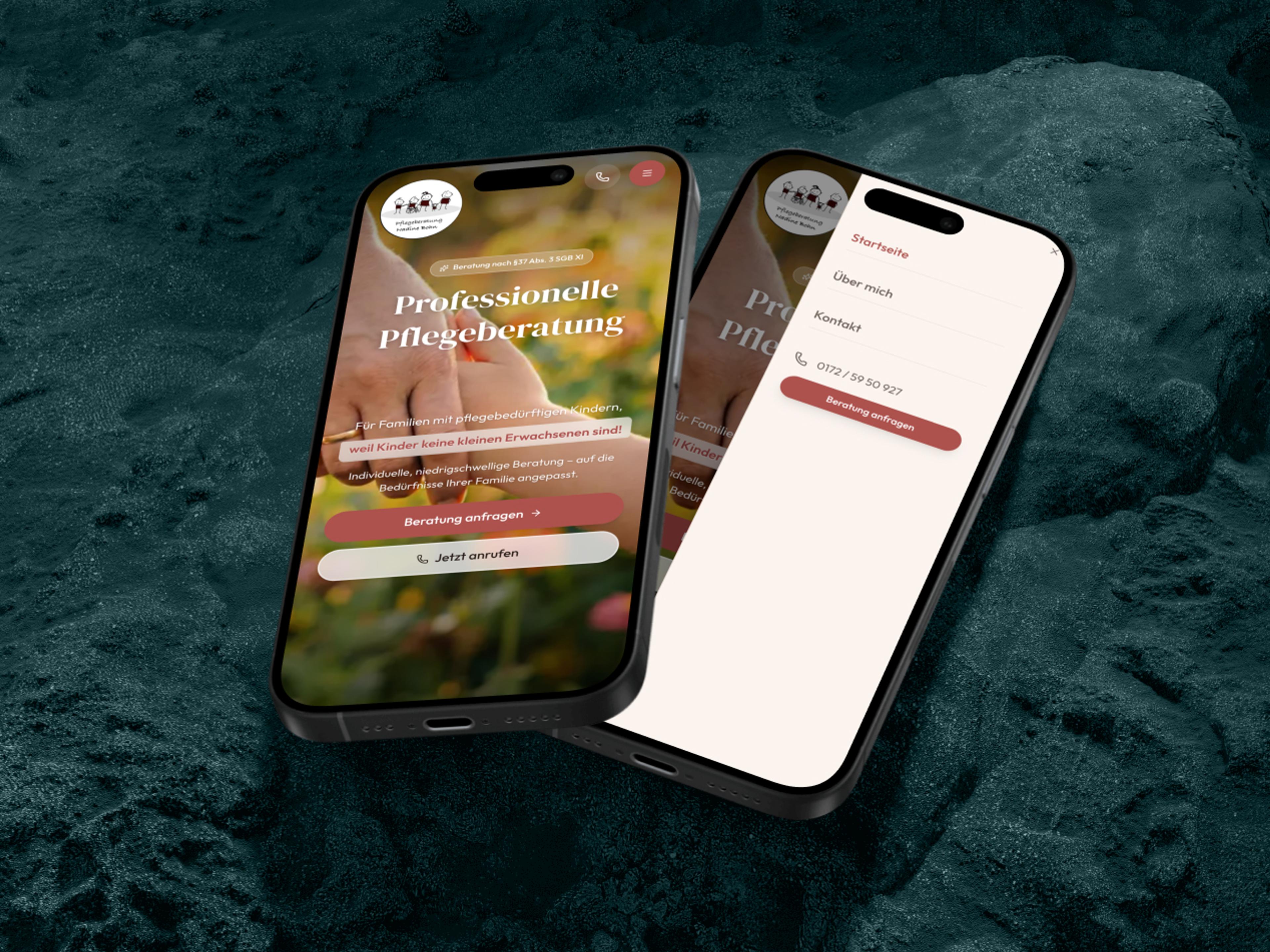 Два смартфона показывают веб-сайт с советами по уходу с понятными меню и приятными цветами.