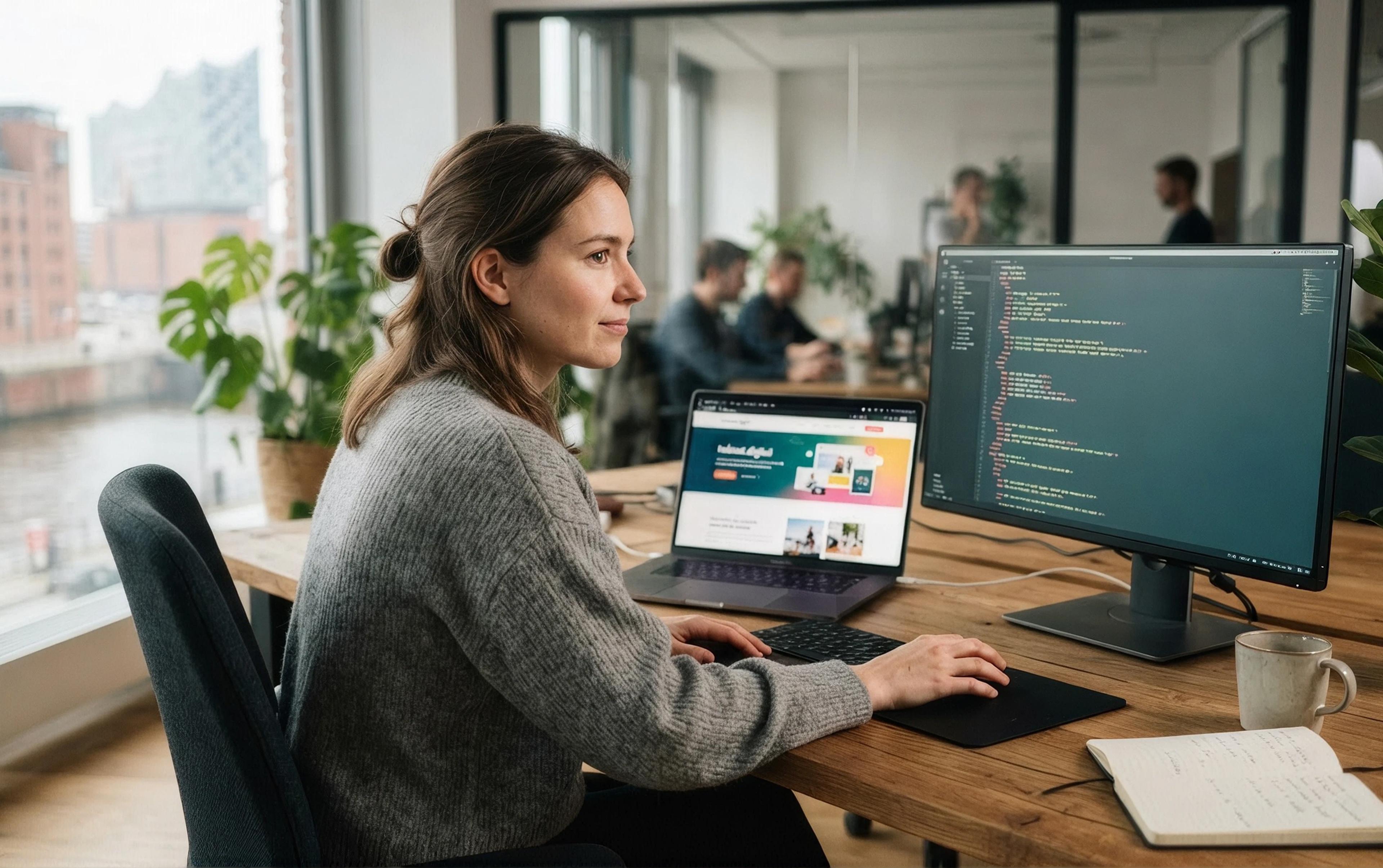 Frau vor Computer mit Code, Pflanzen im Büro, durch Fenster Blick auf Stadt