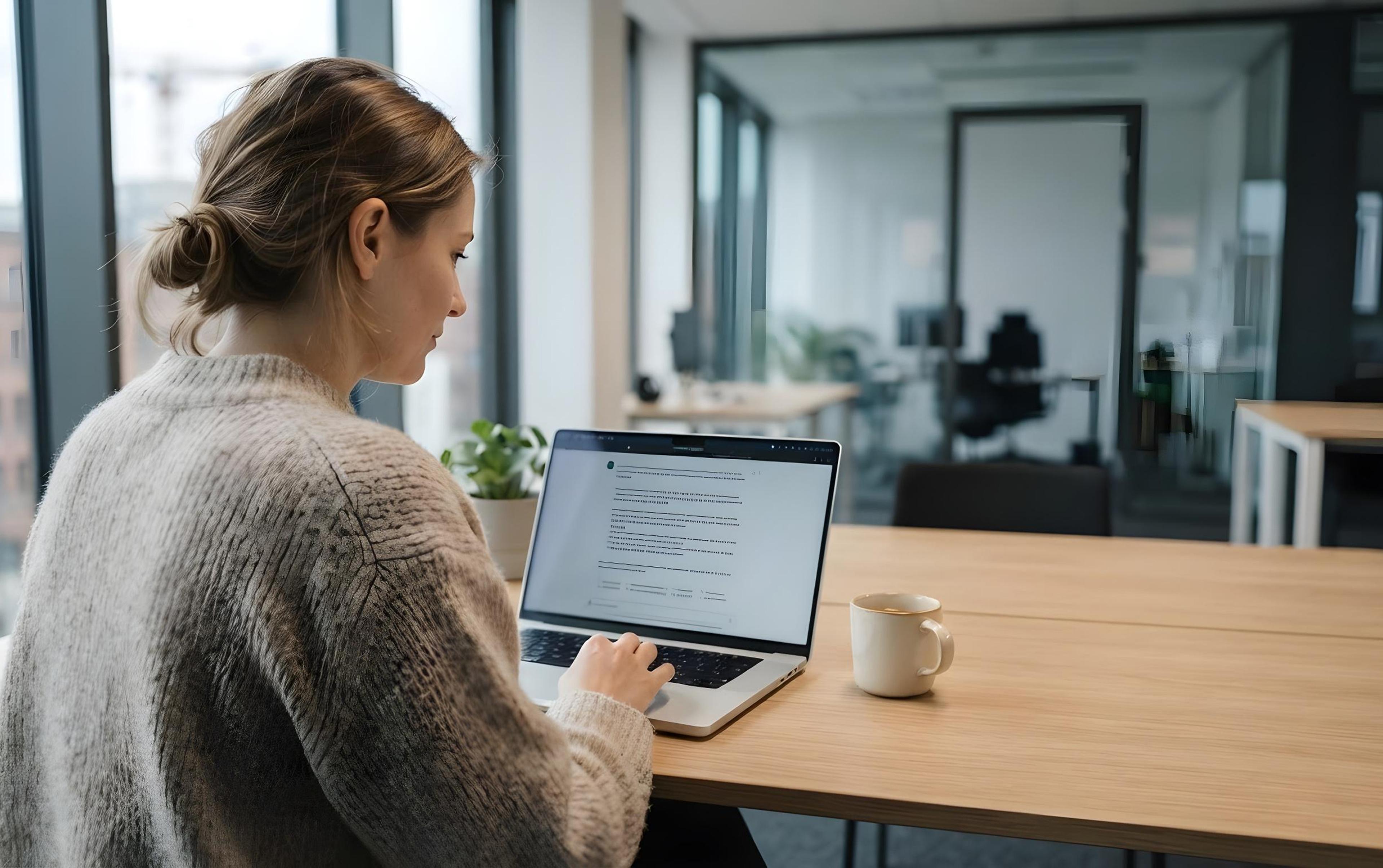 Frau im grauen Pullover am Laptop in hellem Büro mit Fensterfront, Kaffeetasse auf Tisch.