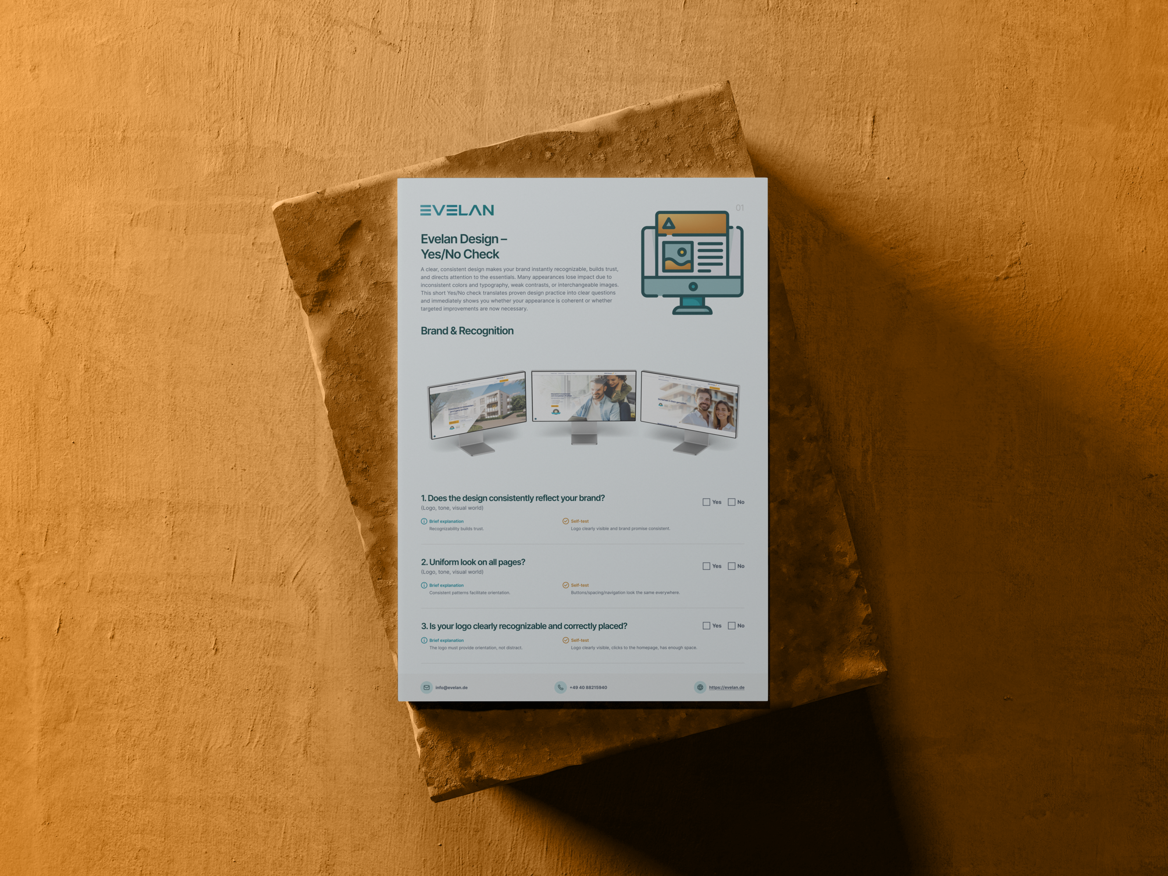 Evelan brand design checklist on textured surface with brand recognition questions.