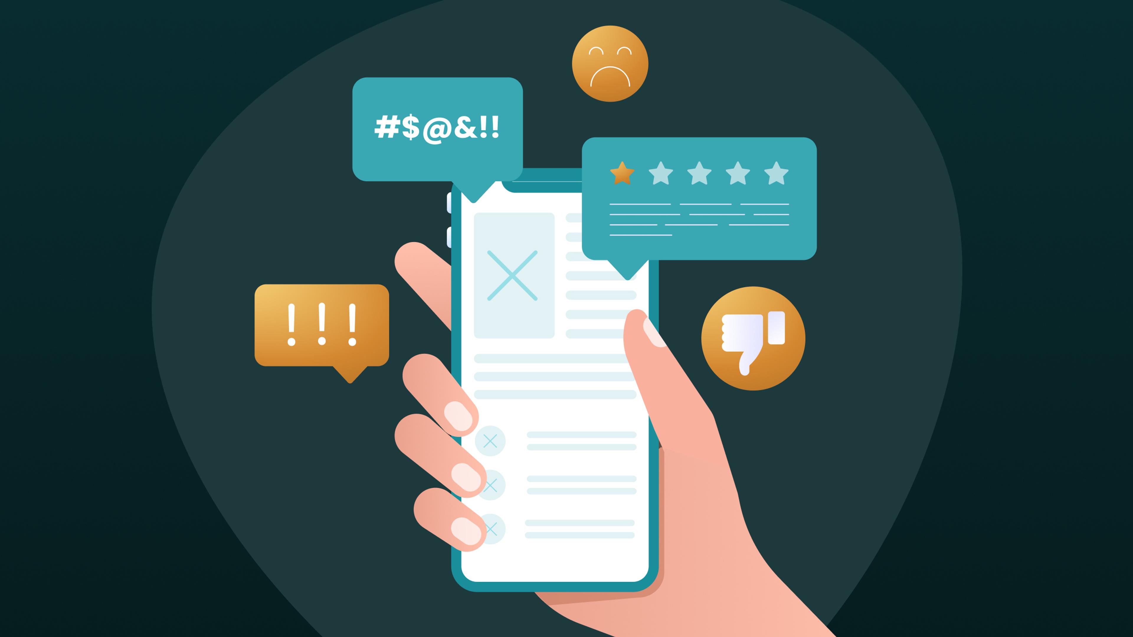 Hand hält Smartphone mit negativem Feedback, Emoticons, Flüche.