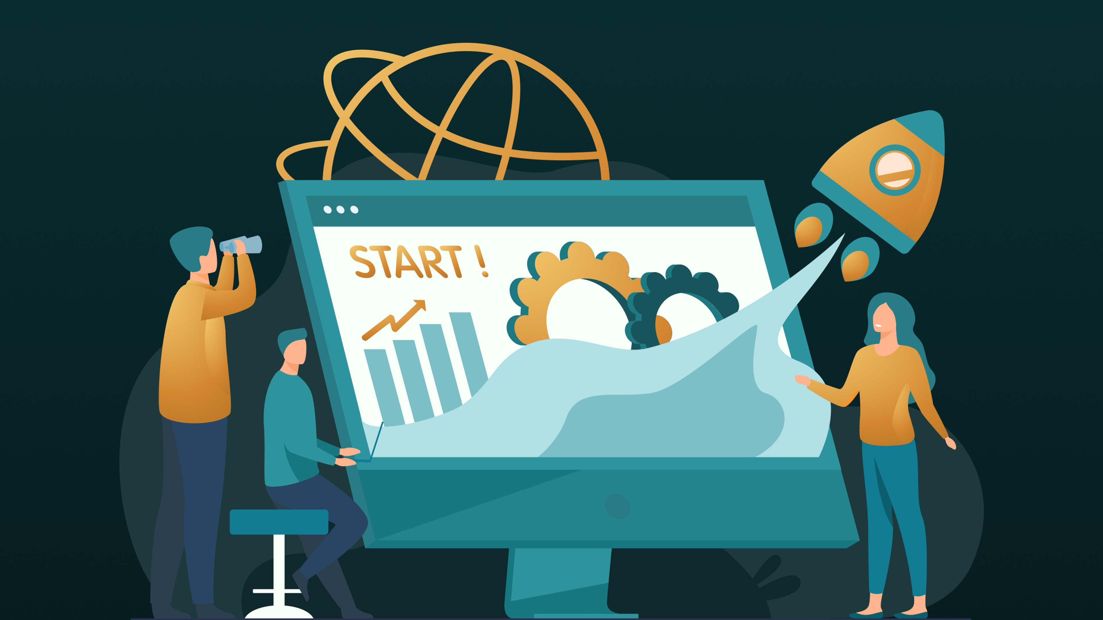 Personen vor einem Bildschirm mit Rakete, Zahnrädern und Diagrammen, die Geschäftsstart symbolisieren.