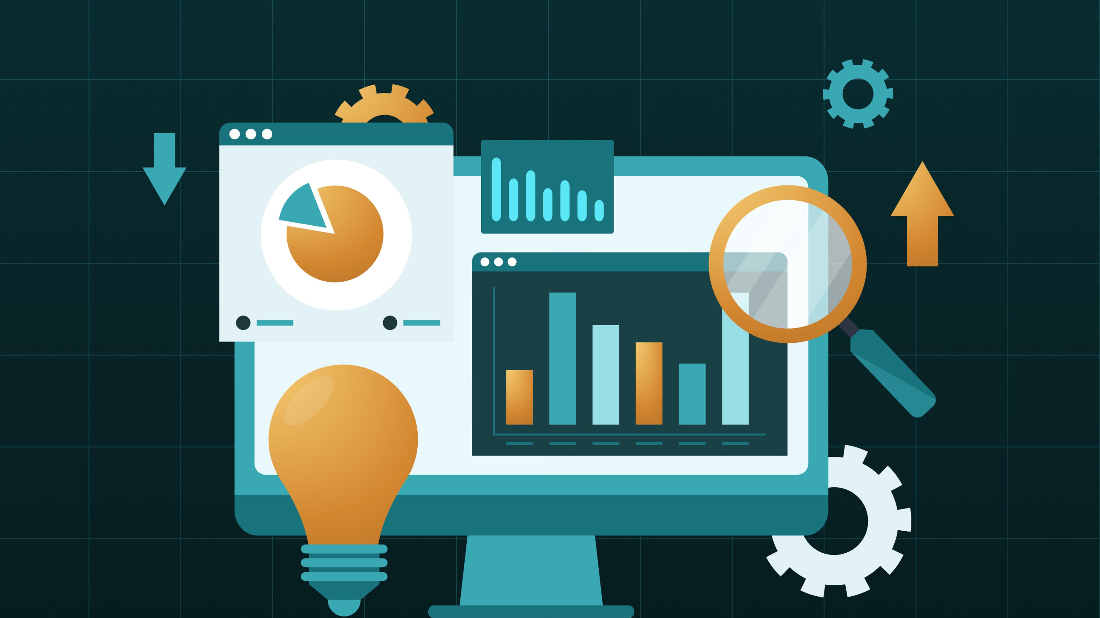Datenanalyseillustration mit Computer, Diagrammen und Lupensymbol in Türkis und Orange.