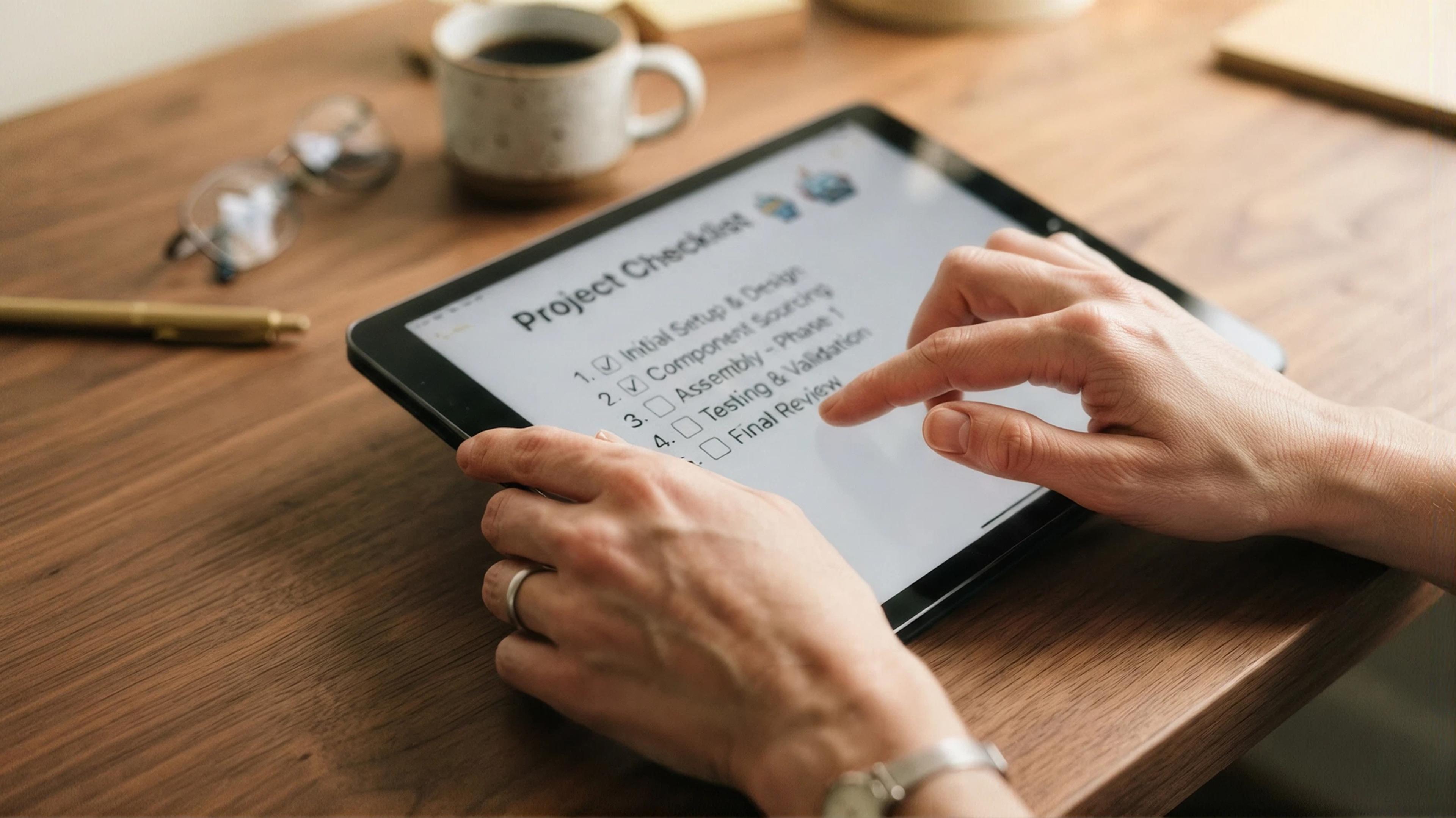 Nahaufnahme eines Tablets mit Projektcheckliste; Hand zeigt darauf, neben Tischdekoration.