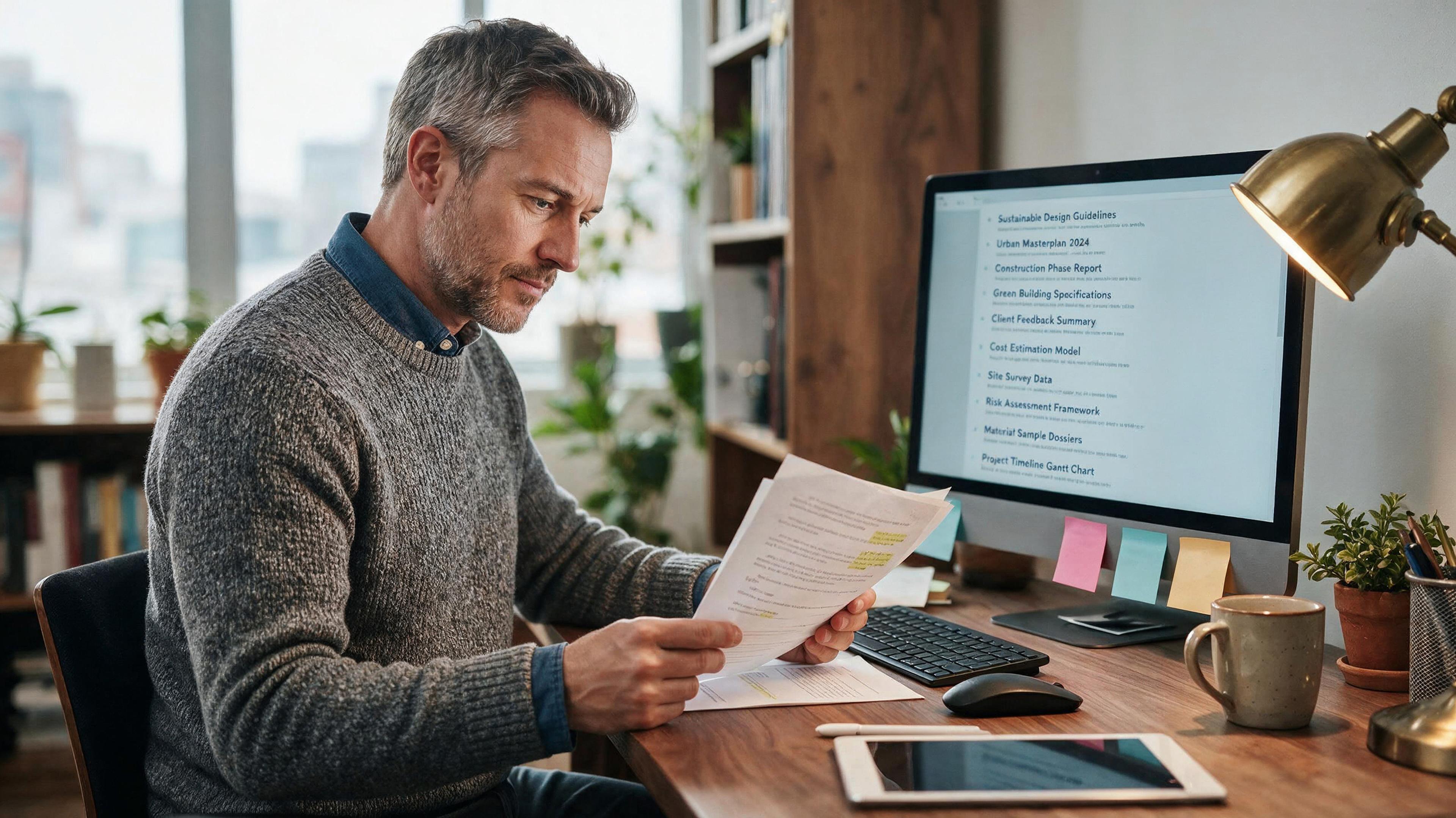 Mann in grauem Pullover liest Dokumente an einem Schreibtisch mit Monitor, Pflanzen und Laptop im Büro