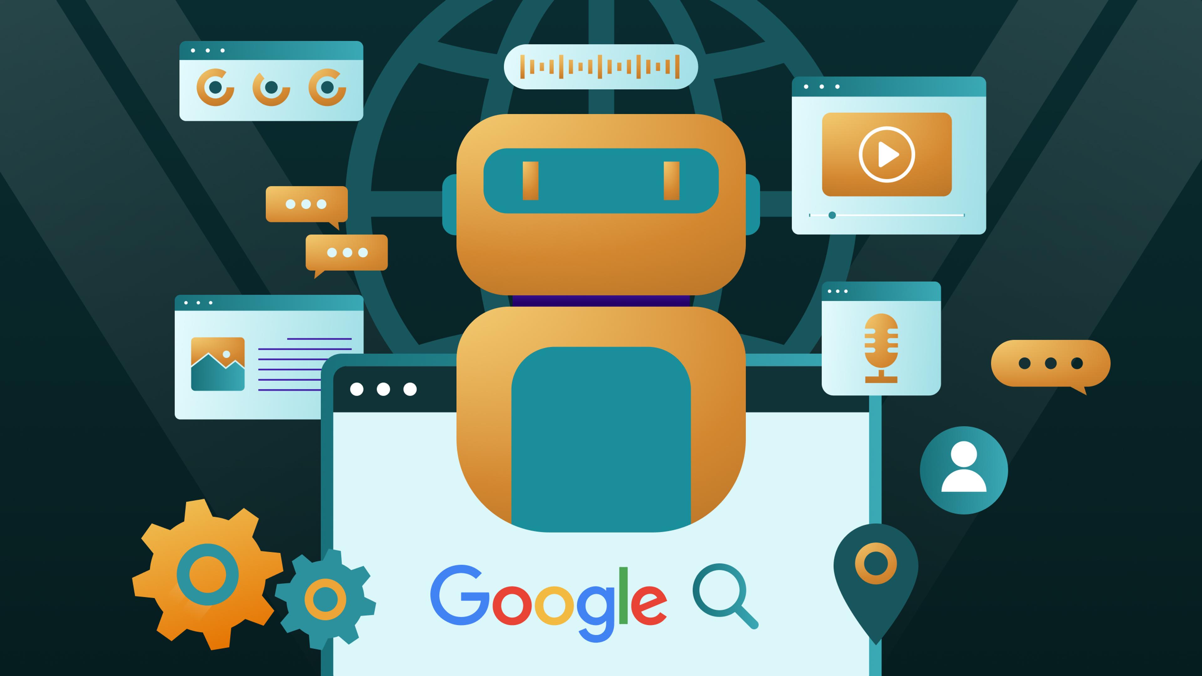 Illustration einer KI-gesteuerten Suchmaschine mit Robotersymbol, Medienfenstern und Google-Suchleiste