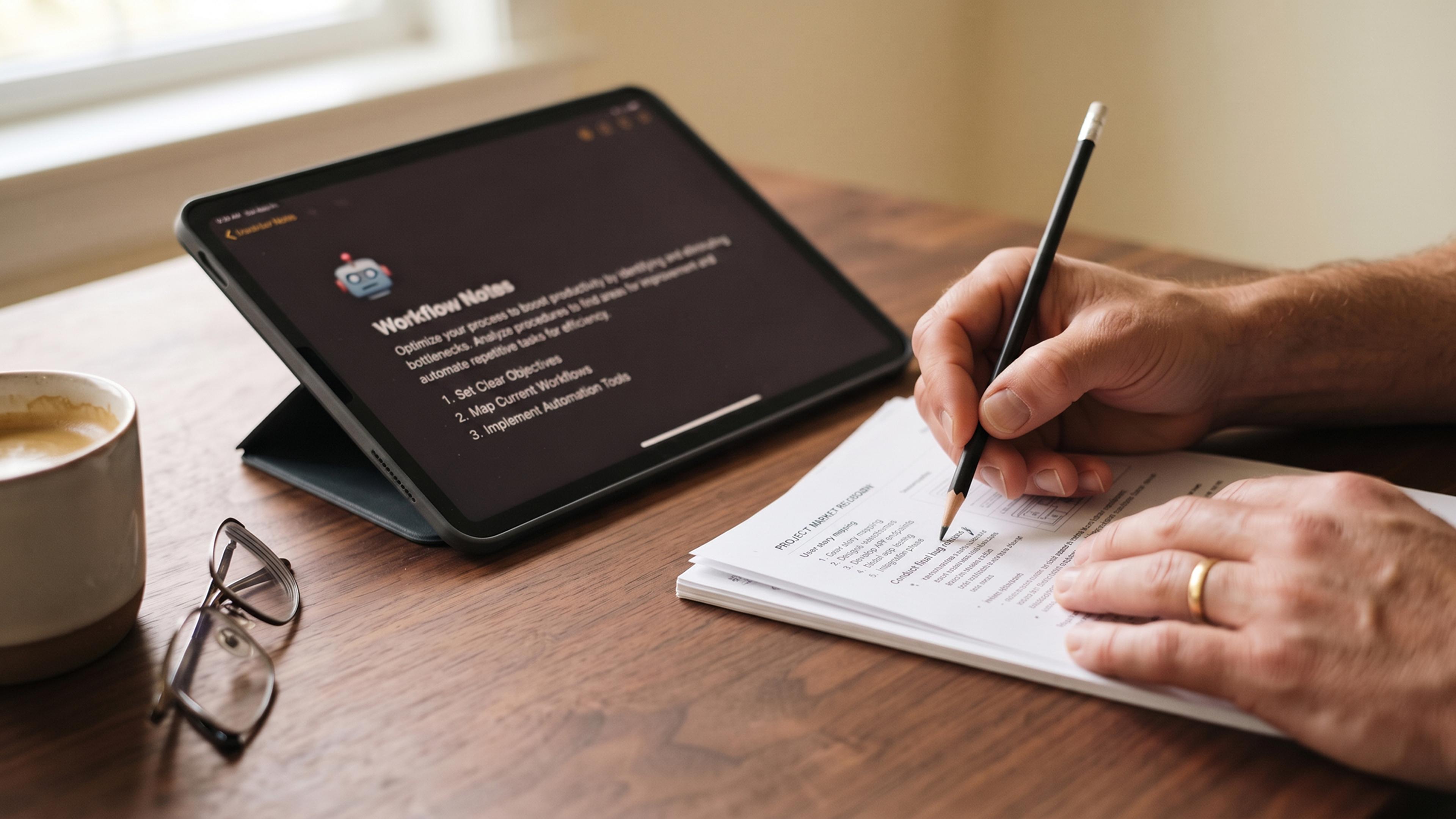 Person making handwritten notes next to tablet with digital text on wooden table.