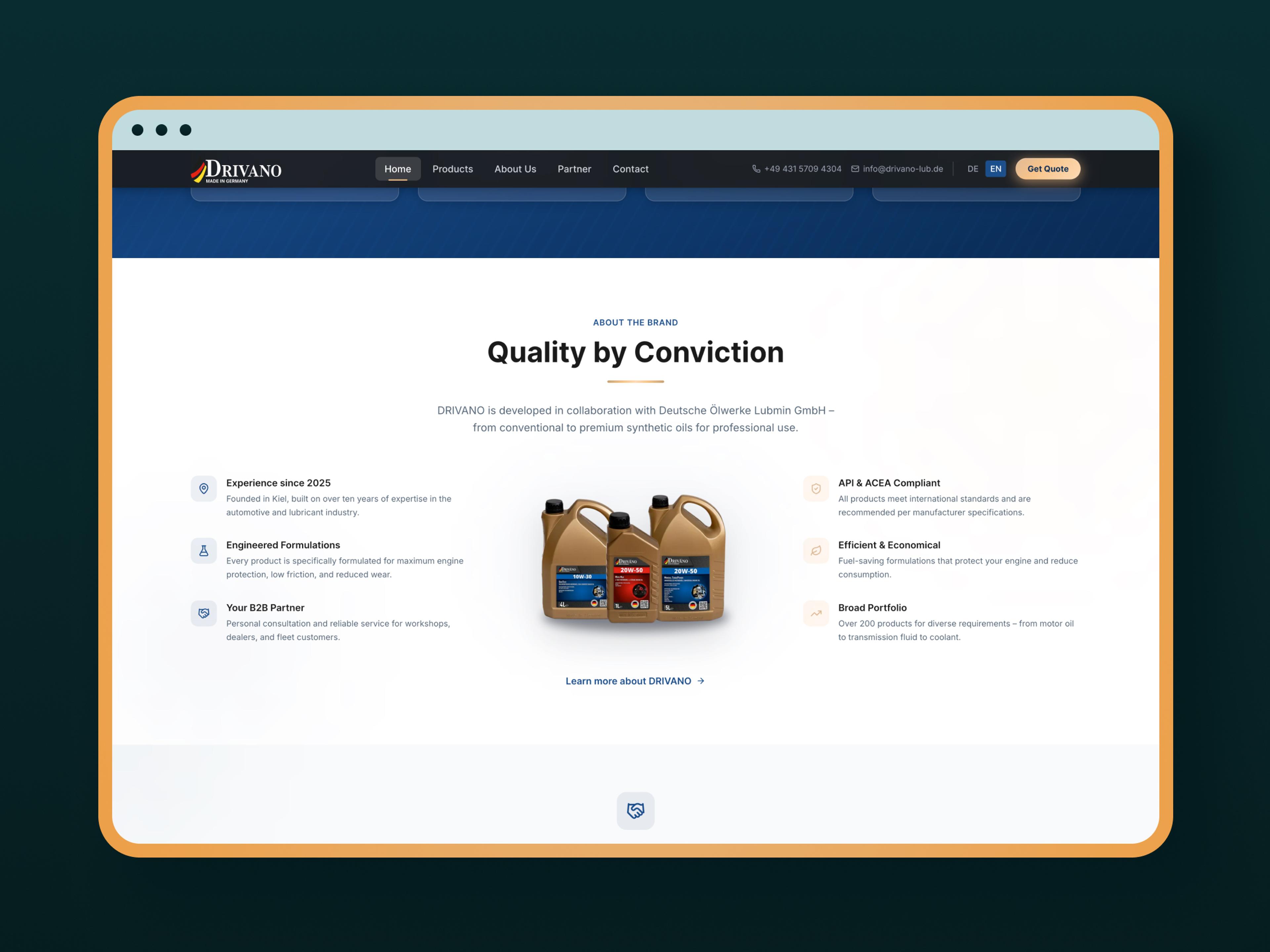DRIVANO-Website mit Qualitätsversprechen und Ölkanistern auf dunklem Hintergrund